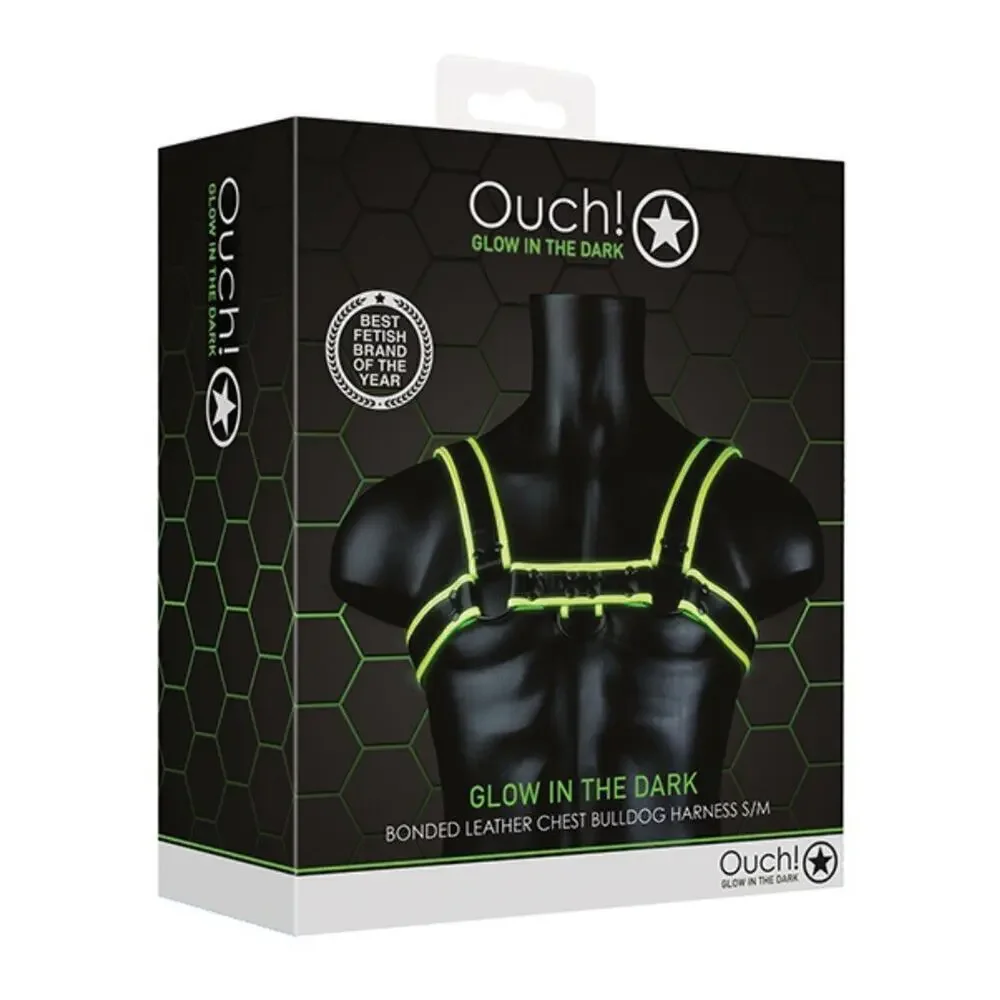 🦋B2G1🦋OUCH! Glow In The Dark NEON GREEN Bonded Leather Chest Bulldog Harness S/M